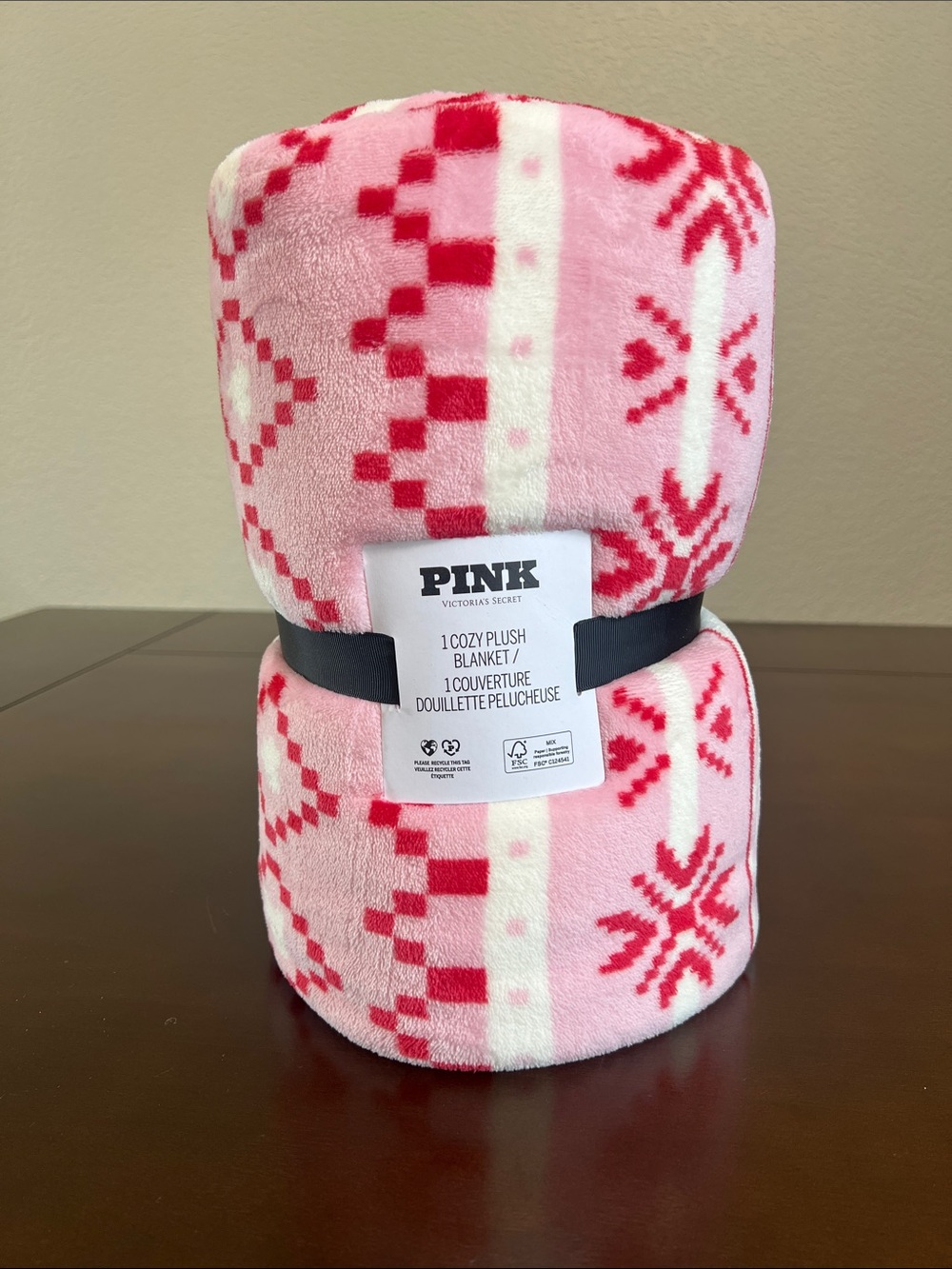 PINK Victoria's Secret Plush Blanket - Pink & Red Checker/Snowflake